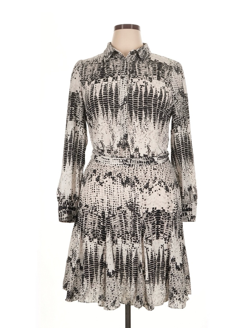 White House Black Market Black and White Printed Long-Sleeve Shirt Dress